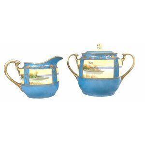 Vtg Chikaramachi Creamer Sugar Bowl Set Hand Painted Japan Green Mark 1924-35